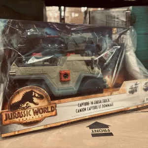 Mattel Jurassic World Dominion Capture & Crush Truck with Velociraptor, Vehicle Toy with Tranq Shooter, Crane & 2 Breakaways