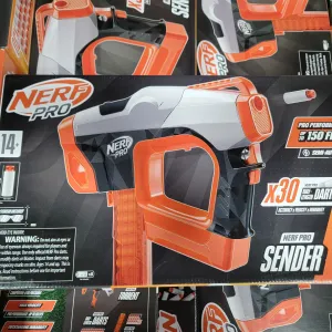 Nerf Pro Sender Half-Length Semi Automatic Dart Blaster, 150 FPS, 30 Nerf Pro Half-Length Darts, 15-Dart Magazine, Eyewear, Gifts for Teens, 14+