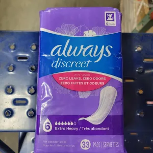 Always Discreet Incontinence Pads for Women and Postpartum Pads, Extra Heavy, 33 CT, up to 100% Bladder Leak Protection