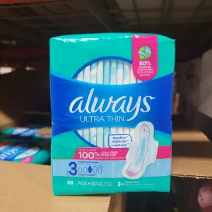 Always Ultra Thin Feminine Pads For Women, Size 3 Extra Long Super Absorbency, With Wings, Unscented, 38 Count